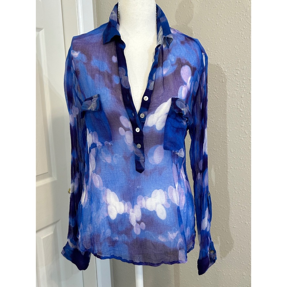 Y2K Festival Vintage Boho Artsy Blue Purple Abstract Sheer Henley Blouse Medium